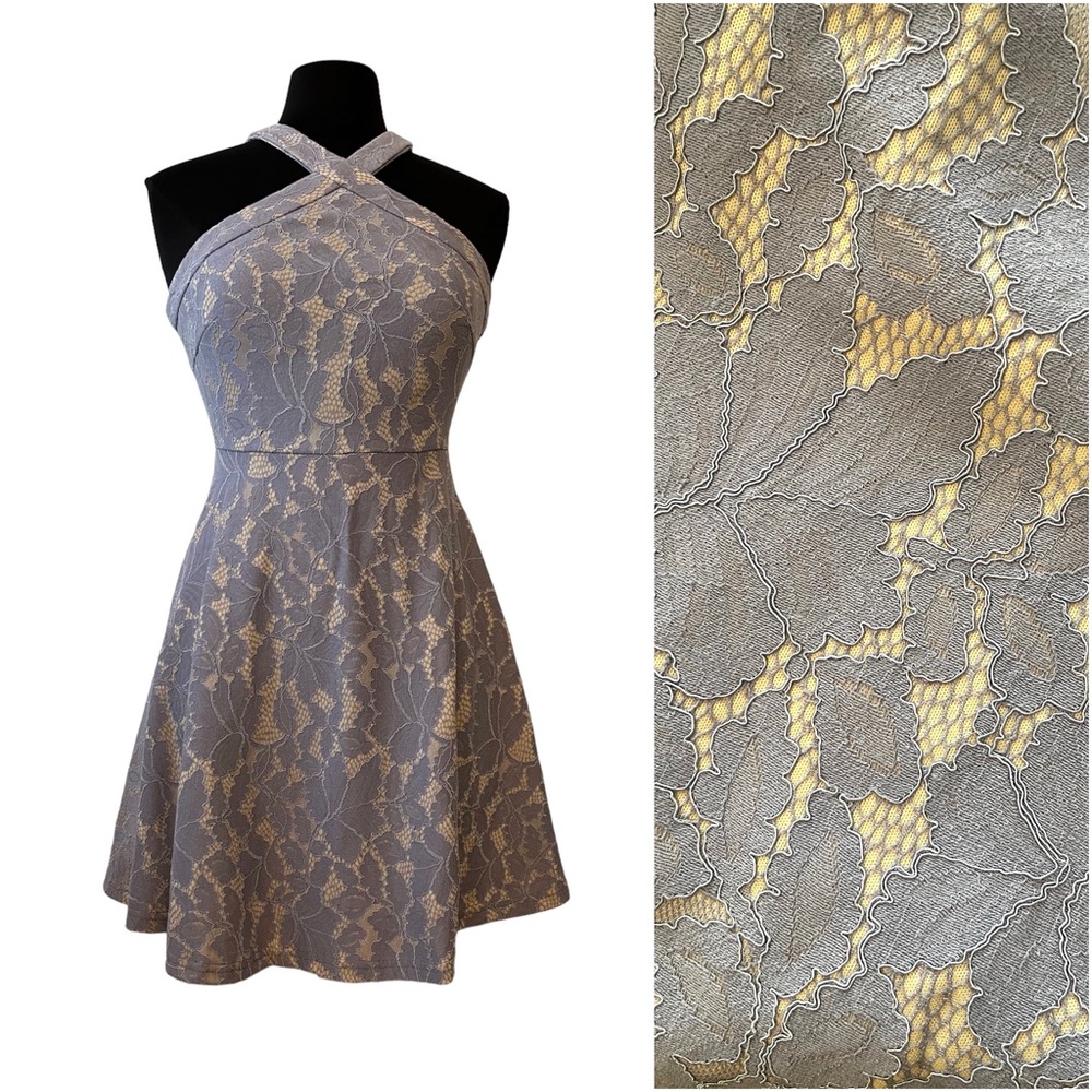 She + Sky Bare Shoulder Grey Lace Dress